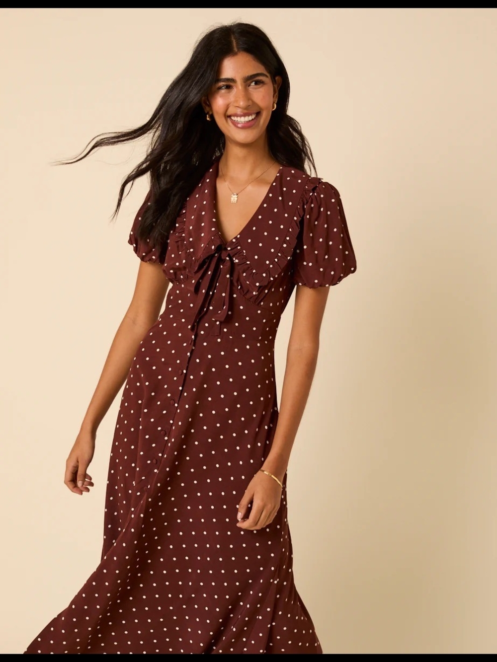Brown Polka Dot Tie-Front Maxi Dress